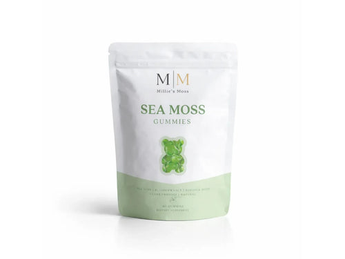Millie’s Moss Apple Sea Moss Gummies front pouch showing green apple-flavoured sea moss gummies.