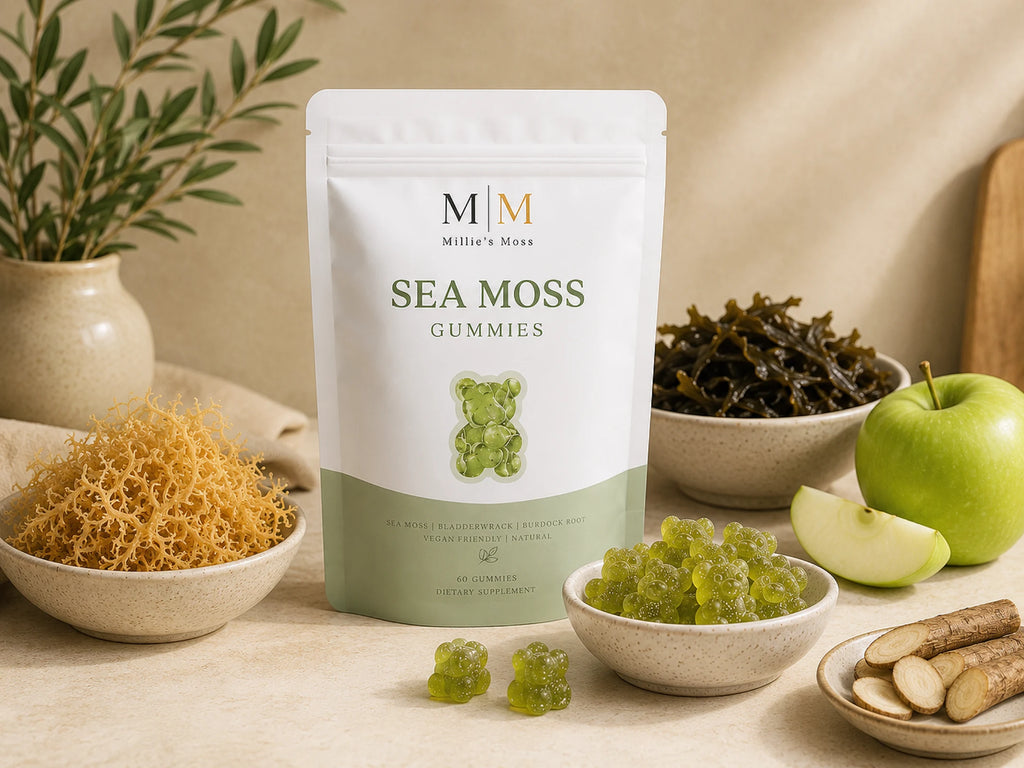 Millie’s Moss Apple Sea Moss Gummies pouch with sea moss, bladderwrack, burdock root, green apple and gummies.