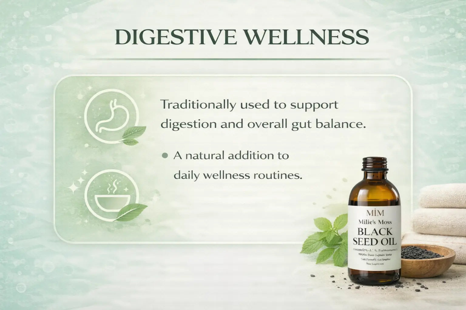 Infographic illustrating digestive wellness benefits of black seed oil and how it supports gut balance.