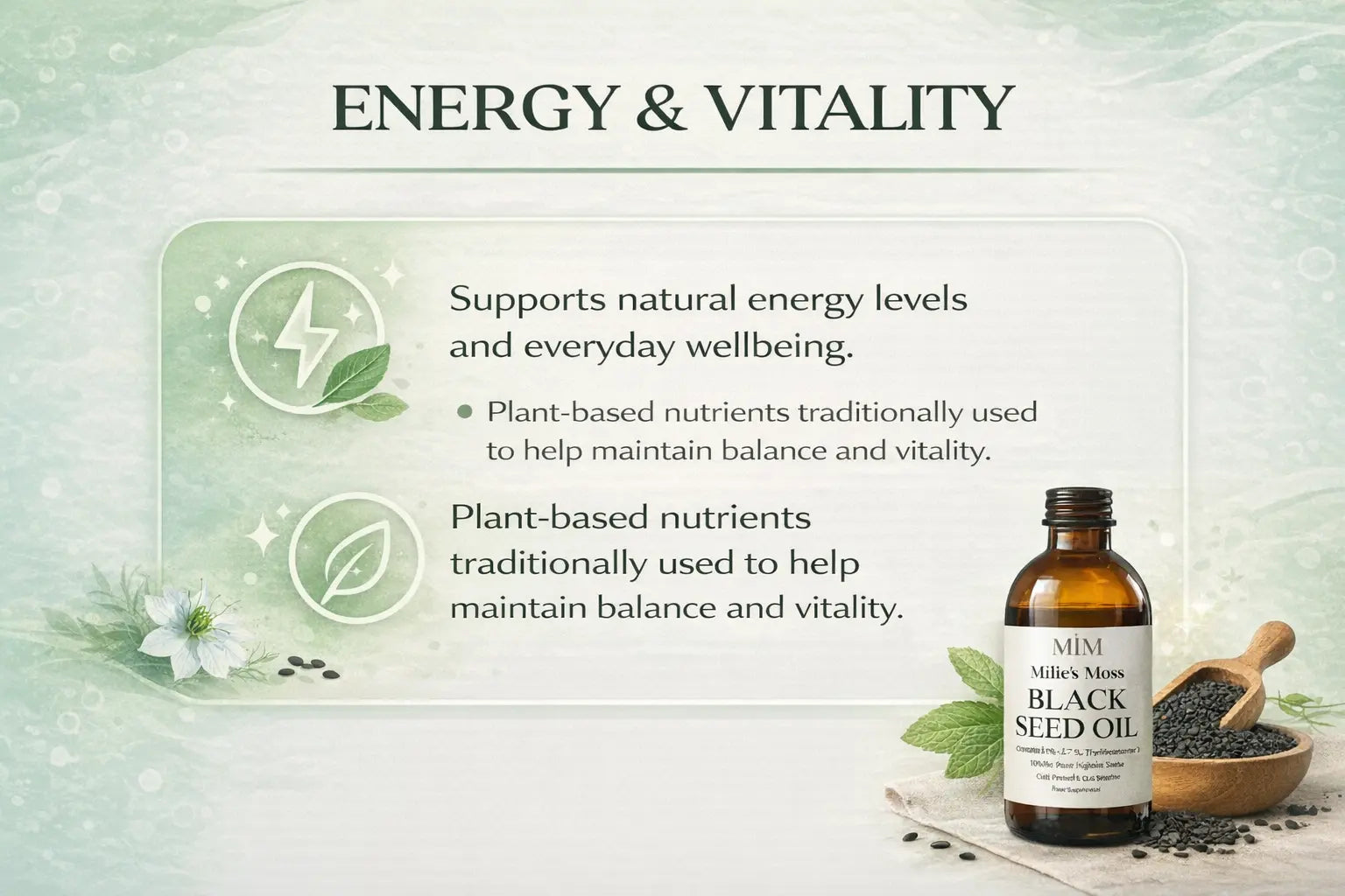 Infographic explaining how black seed oil supports natural energy levels and everyday vitality.