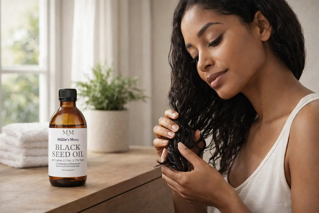 Woman applying black seed oil to hair for natural hair care and nourishment.