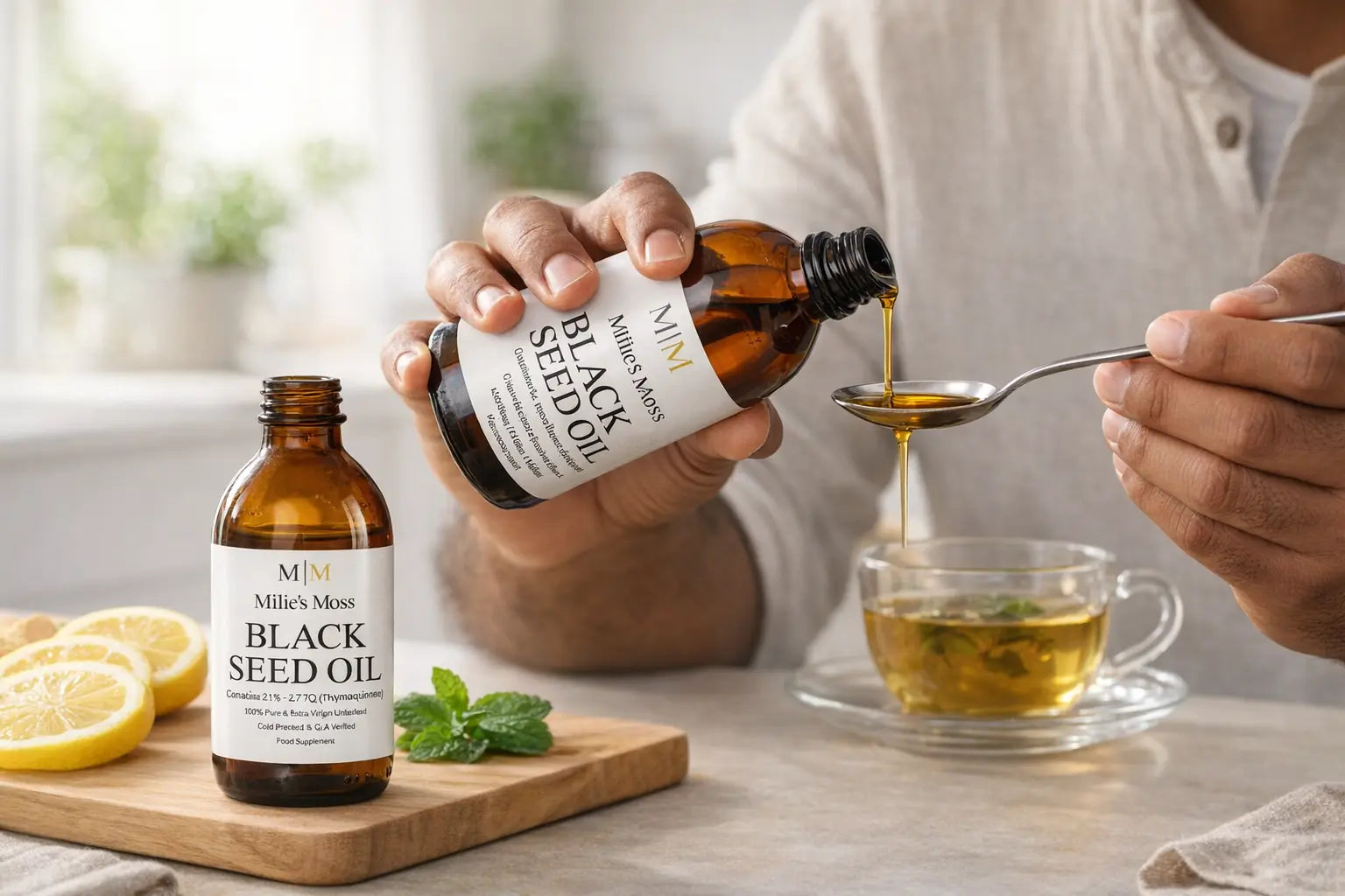 Black seed oil being poured into a spoon and added to herbal tea with lemon as part of a natural wellness routine.