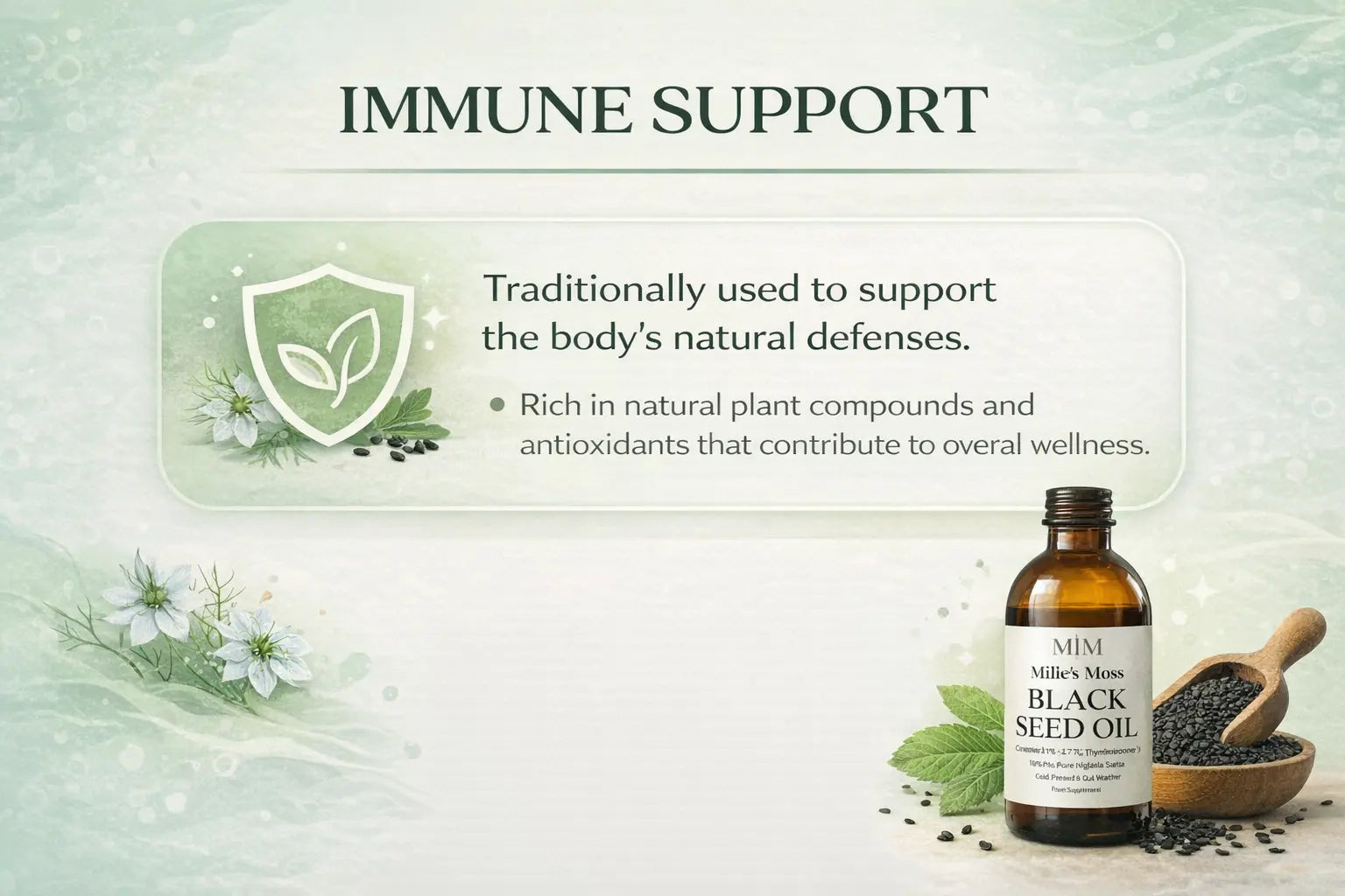 Infographic showing immune support benefits of black seed oil with shield icon and natural herbal ingredients.