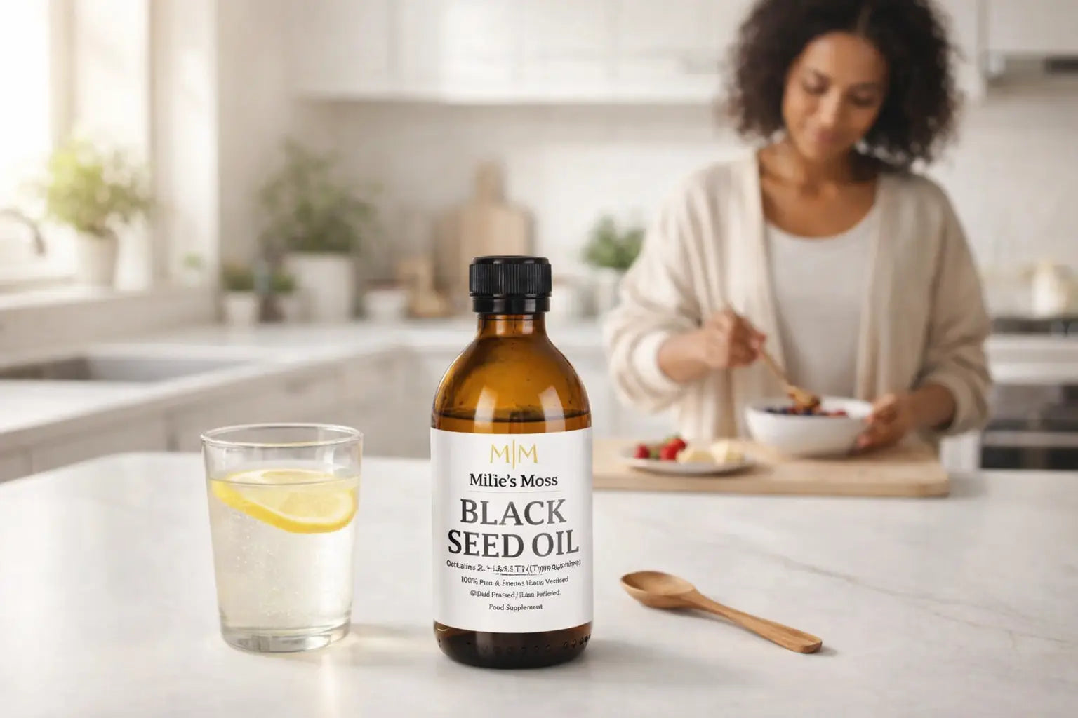 Millie’s Moss black seed oil bottle next to lemon water during a healthy morning wellness routine in the kitchen.