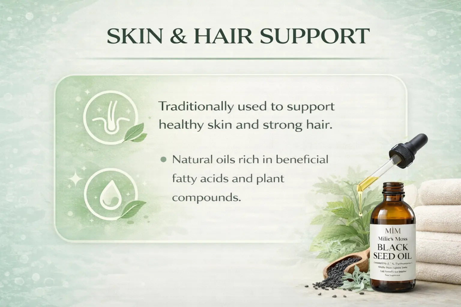 Infographic showing skin and hair benefits of black seed oil with natural oil dropper and botanical icons.