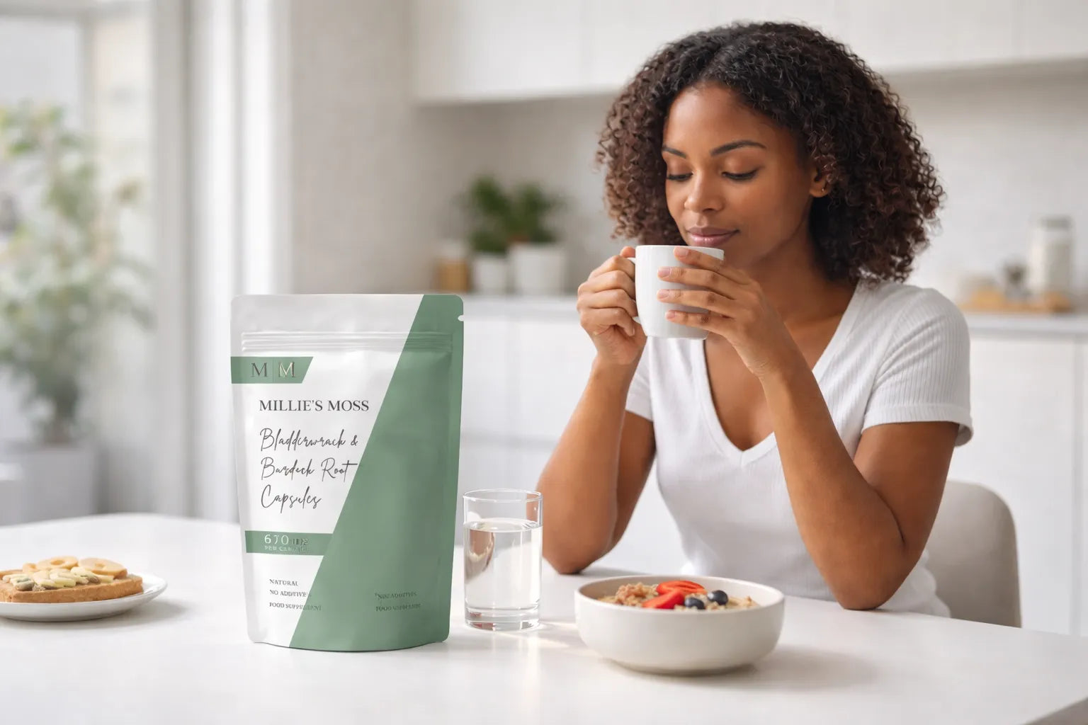 Woman enjoying tea during a morning wellness routine with Millie’s Moss bladderwrack and burdock root capsules on the table.