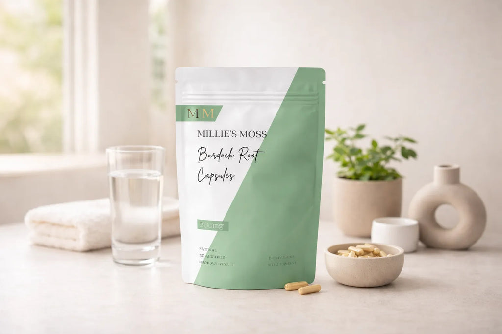 Millie’s Moss burdock root capsules displayed with a glass of water in a clean wellness setting.