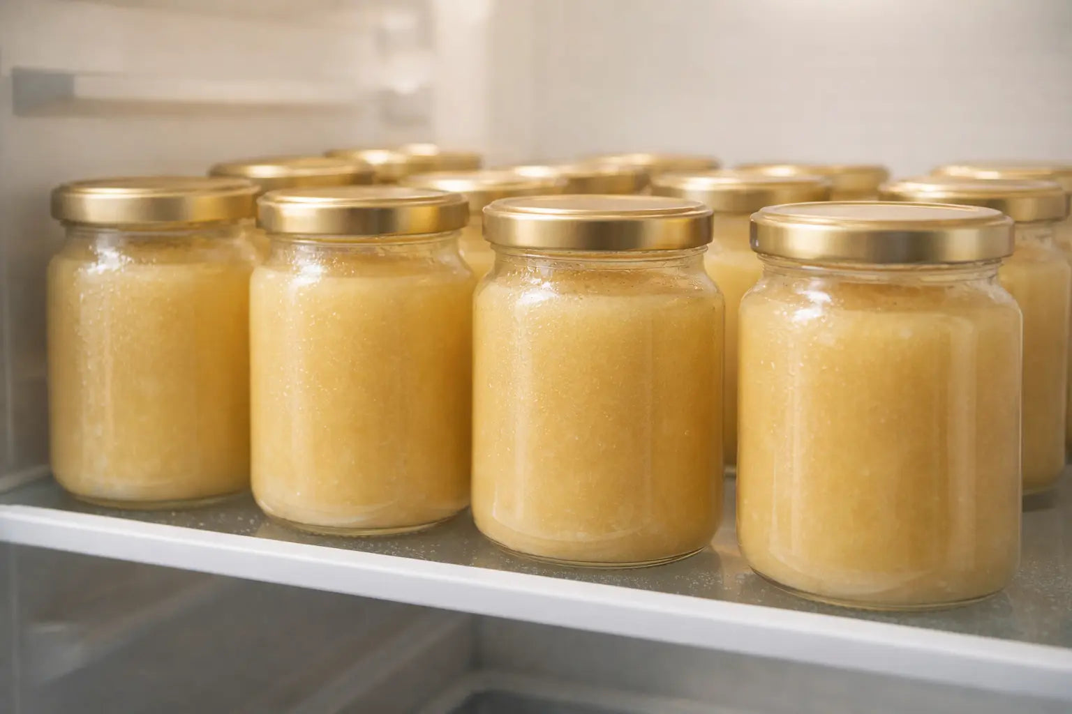 Fresh jars of sea moss gel stored in a refrigerator