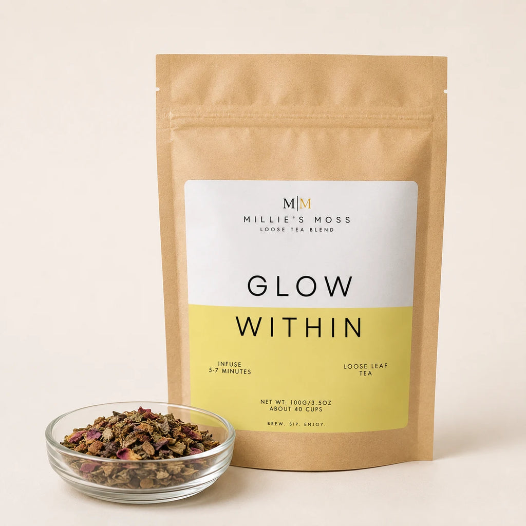Millie’s Moss Glow Within Loose Leaf Tea Blend with burdock root, nettle leaf, rose petals and dandelion root