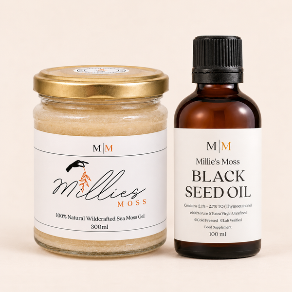 Golden Sea Moss Gel 300ml jar and Black Seed Oil 100ml bottle together — Starter Duo bundle