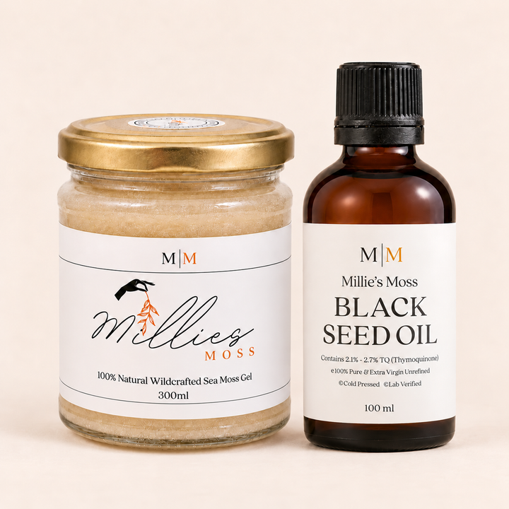Golden Sea Moss Gel 300ml jar and Black Seed Oil 100ml bottle together — Starter Duo bundle
