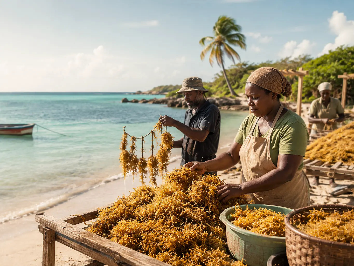 Caribbean sea moss being sorted by coastal harvesters beside the ocean.