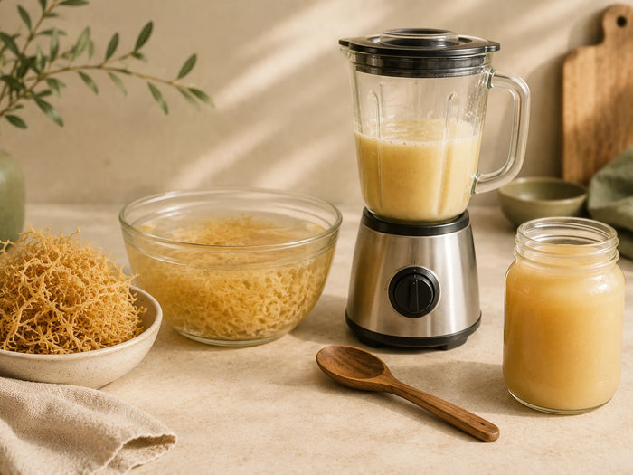 Dried and soaked sea moss with a blender and jar of finished sea moss gel.