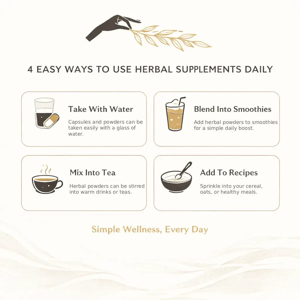Infographic showing ways to use herbal supplements including taking capsules with water, adding to smoothies, tea, or meals.