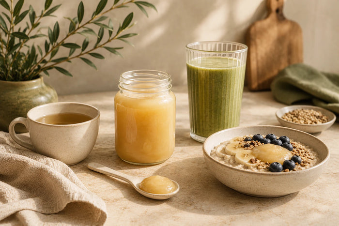 Sea moss gel with a smoothie, tea and breakfast bowl on a kitchen counter.