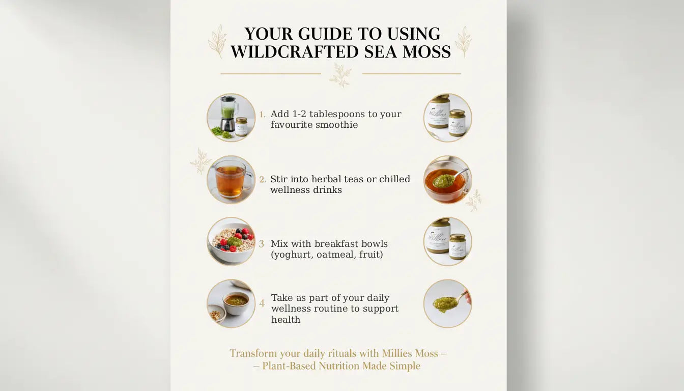 Guide showing how to use wildcrafted sea moss gel in smoothies, teas, breakfast bowls and daily wellness routines