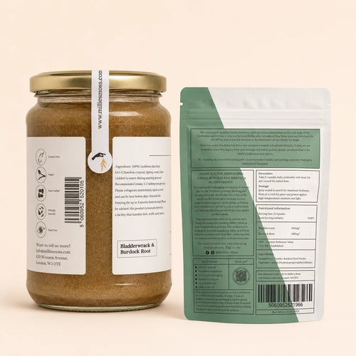 Back packaging of the Millie’s Moss Inspired by Sebi Bundle with sea moss gel and bladderwrack and burdock root capsules