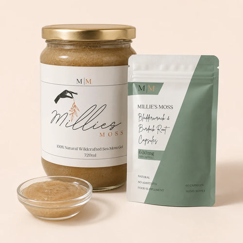 Millie’s Moss Inspired by Sebi Bundle with 720ml infused sea moss gel, capsules and a close-up of the gel texture