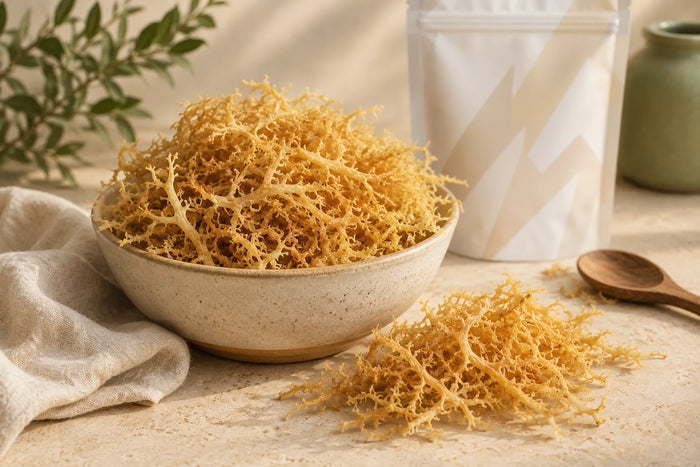 Golden dried sea moss in a ceramic bowl with Millie’s Moss packaging in the background.