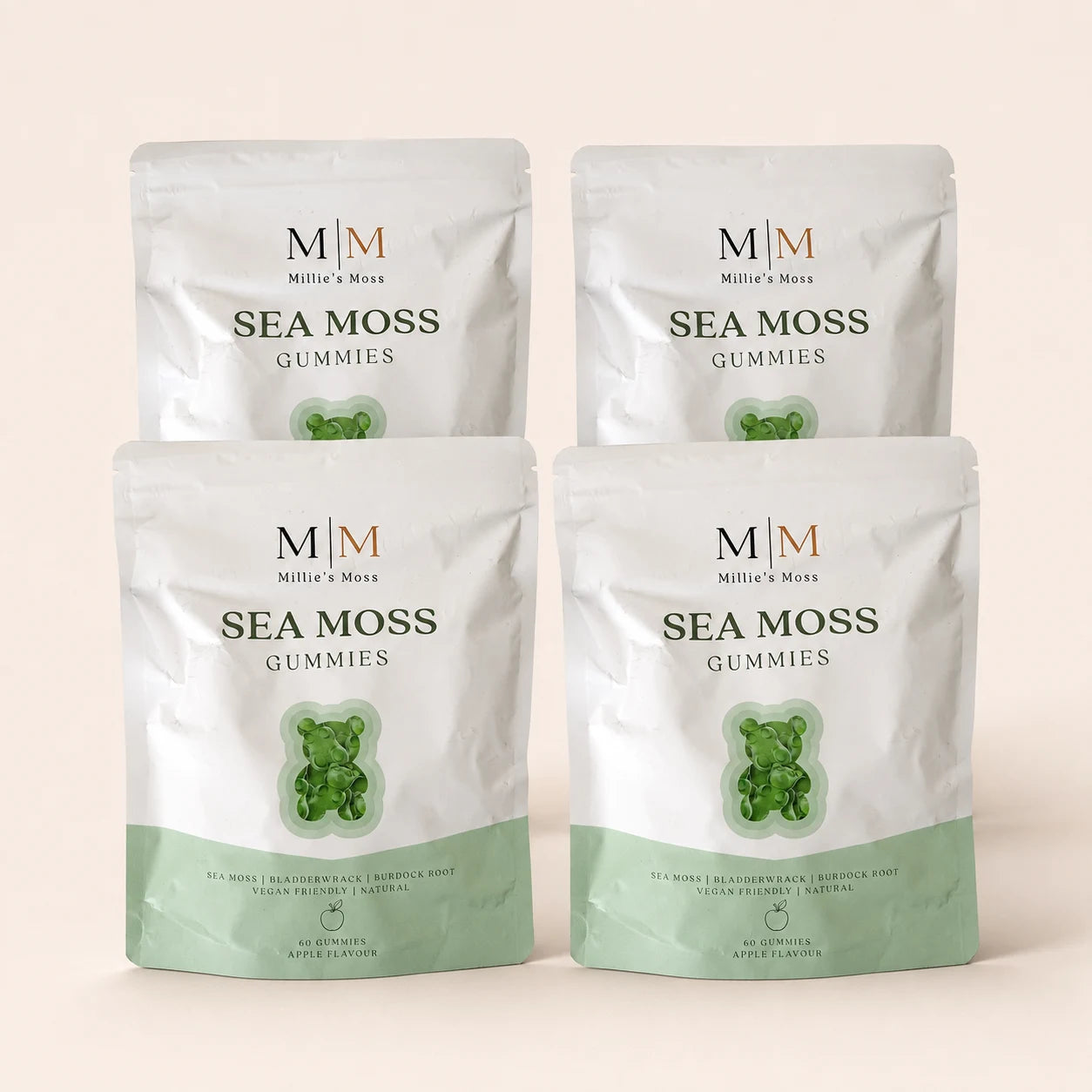 Four-pack bundle of Millie’s Moss Apple Sea Moss Gummies pouches