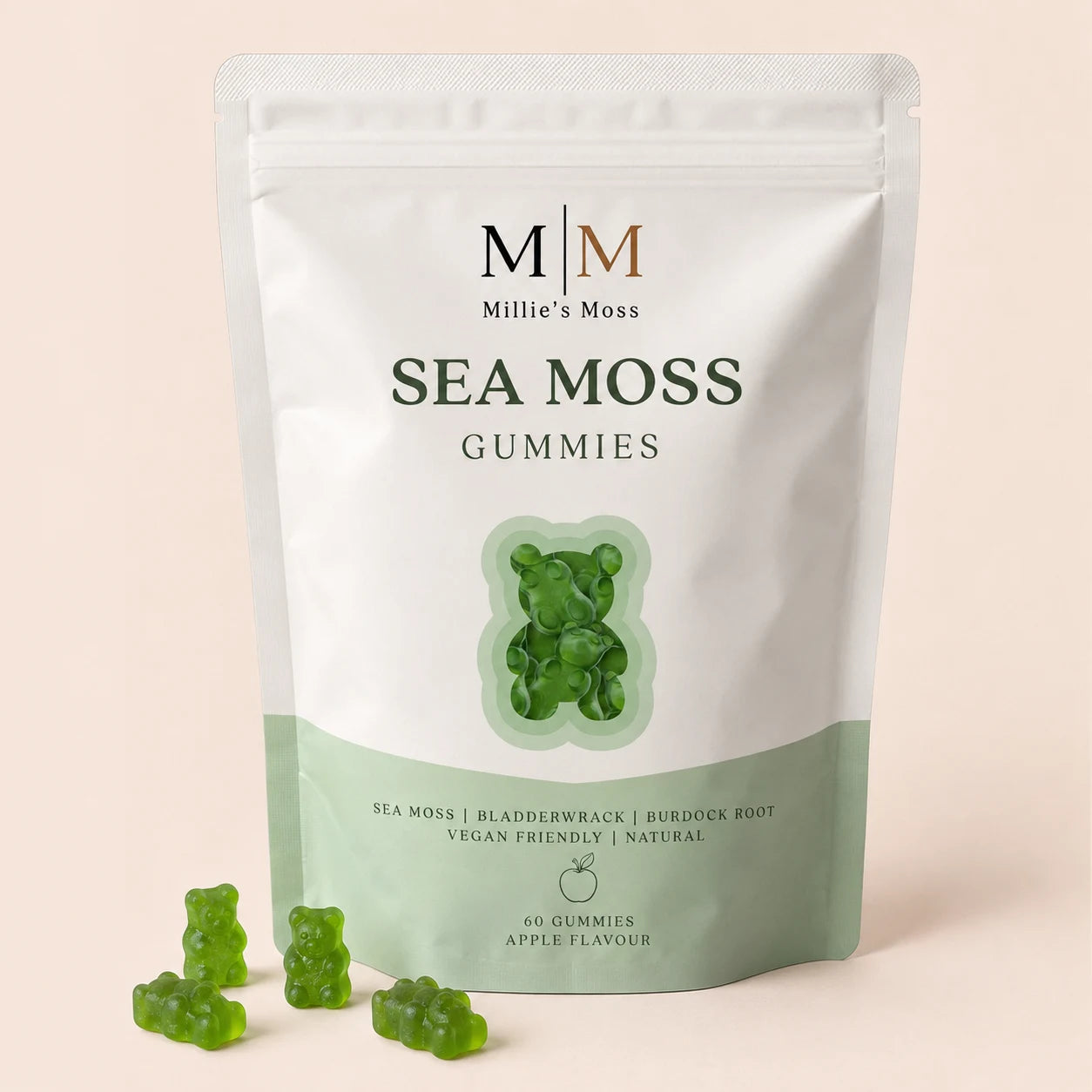 Millie’s Moss Apple Sea Moss Gummies pouch with green gummies displayed beside it
