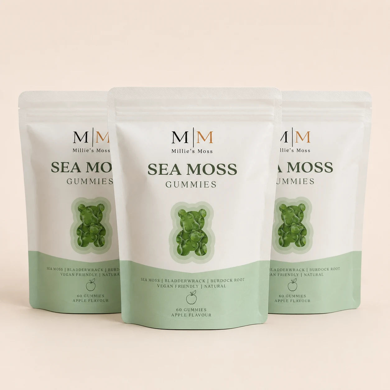 Three-pack bundle of Millie’s Moss Apple Sea Moss Gummies pouches