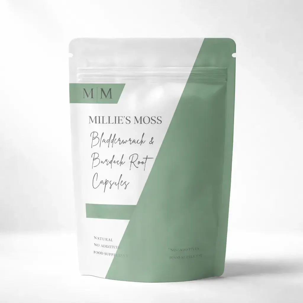 Millies Moss bladderwrack and burdock root capsules natural supplement pouch