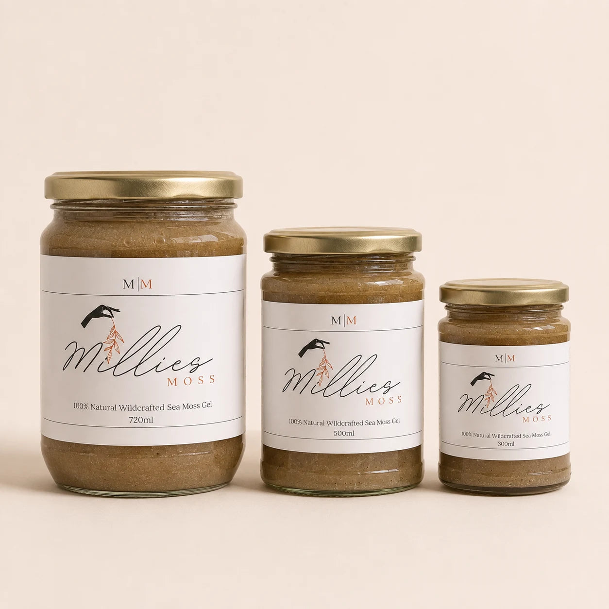 Millie’s Moss Bladderwrack and Burdock Root Infused Sea Moss Gel bundle showing 300ml 500ml and 720ml jars