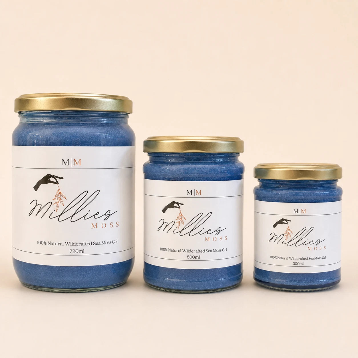 Millie’s Moss Blue Spirulina Infused Sea Moss Gel bundle with 300ml 500ml and 720ml jars