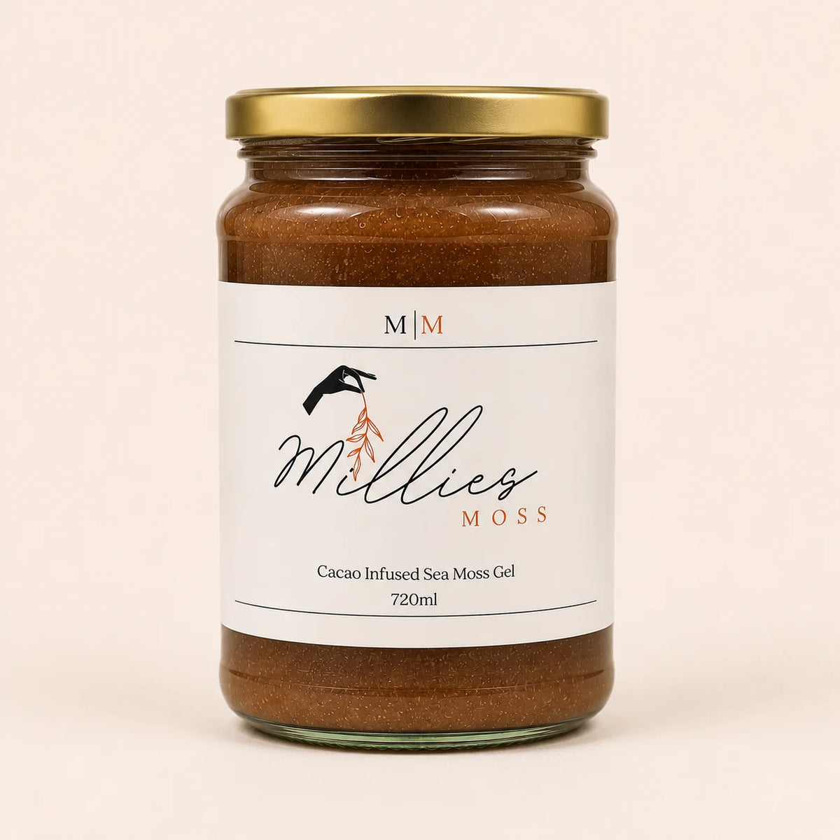 Millie’s Moss Cacao Infused Sea Moss Gel 720ml jar on a warm off-white background.