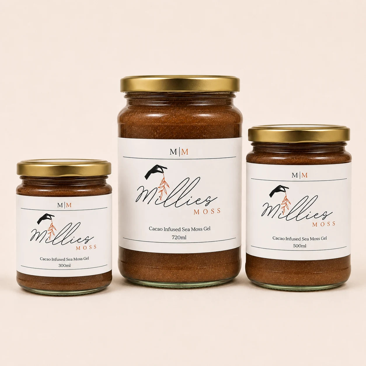 Millie’s Moss Cacao Infused Sea Moss Gel in 300ml, 500ml and 720ml jar sizes.