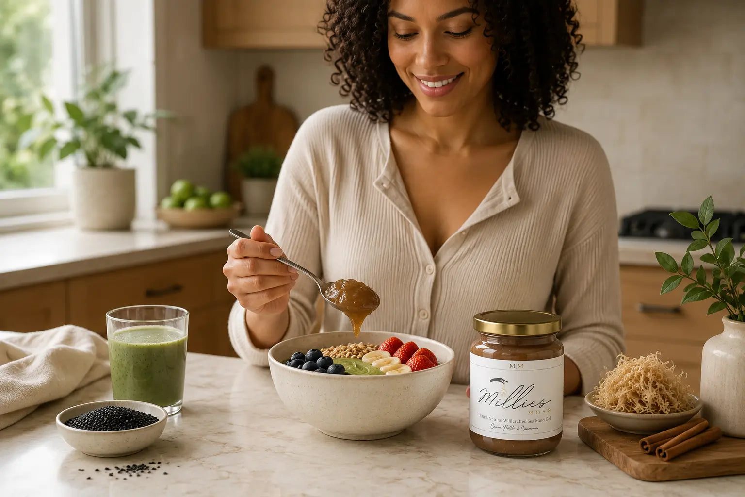 Woman adding Millie’s Moss Cocoa, Matcha and Cinnamon sea moss gel to a breakfast bowl with fruit and seeds.
