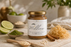 Millie’s Moss Cocoa, Matcha and Cinnamon sea moss gel jar with lime, matcha, oats, raw sea moss and cinnamon.