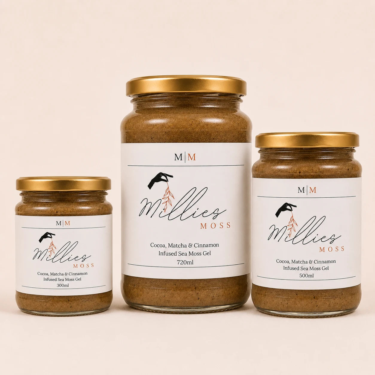 Millie’s Moss Cocoa, Matcha & Cinnamon Infused Sea Moss Gel in 300ml, 500ml and 720ml jar sizes.