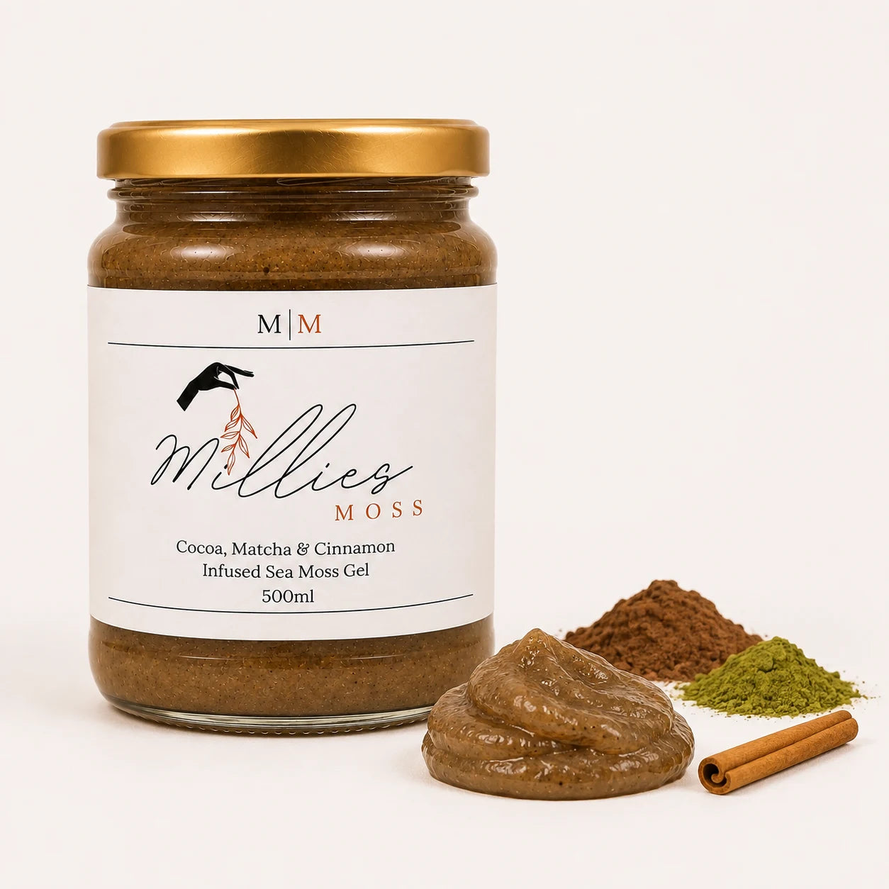 Close-up of Millie’s Moss Cocoa, Matcha & Cinnamon Infused Sea Moss Gel showing its smooth texture with cocoa, matcha and cinnamon.
