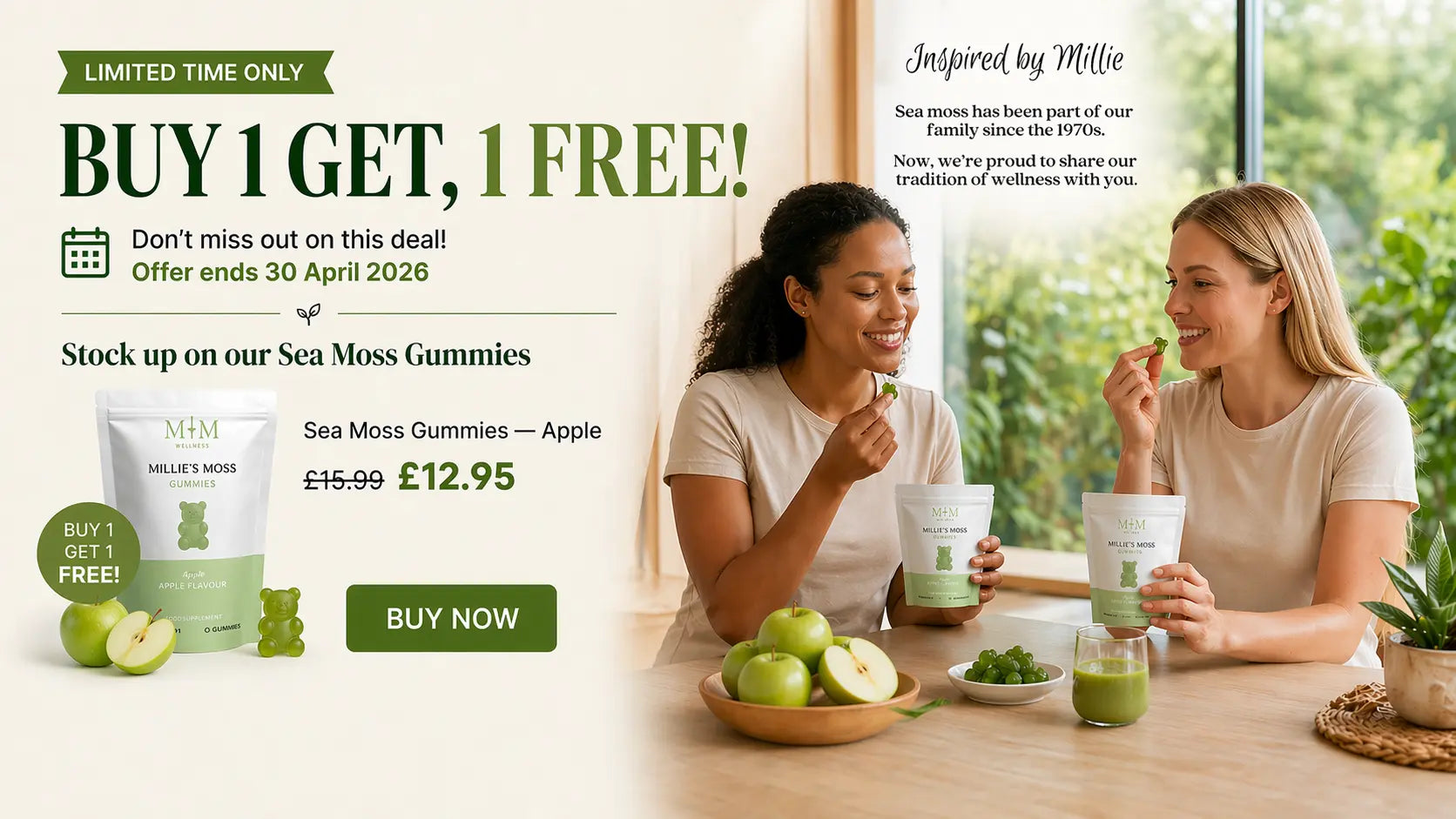 Millie’s Moss buy-one-get-one-free Sea Moss Gummies hero banner.