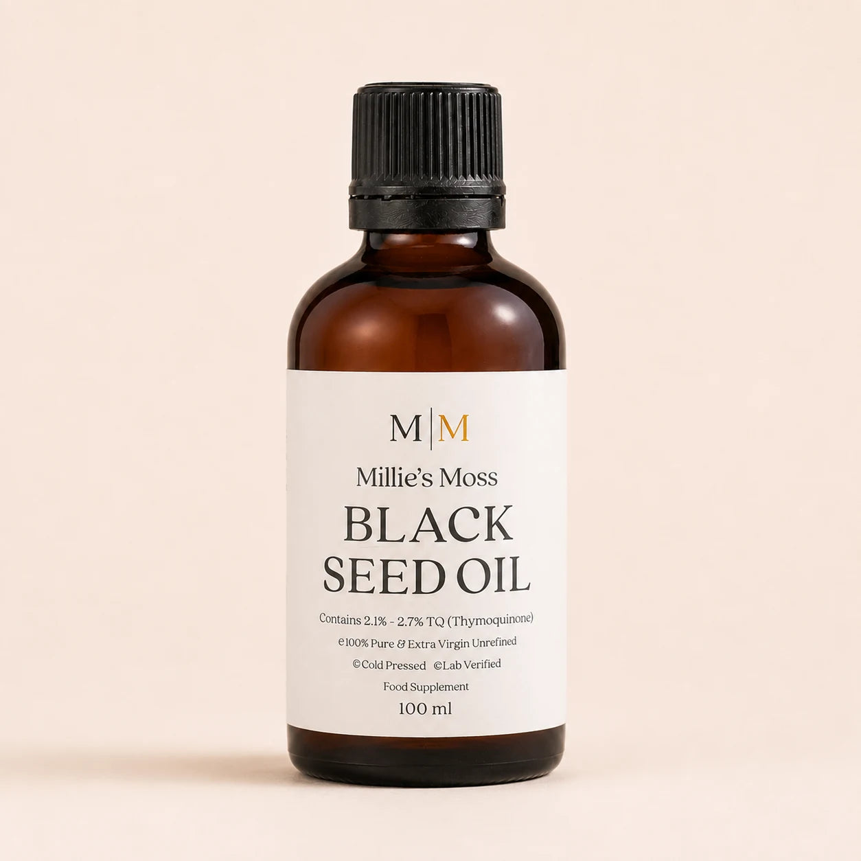 Millie’s Moss High-Strength Black Seed Oil 100ml bottle front packshot
