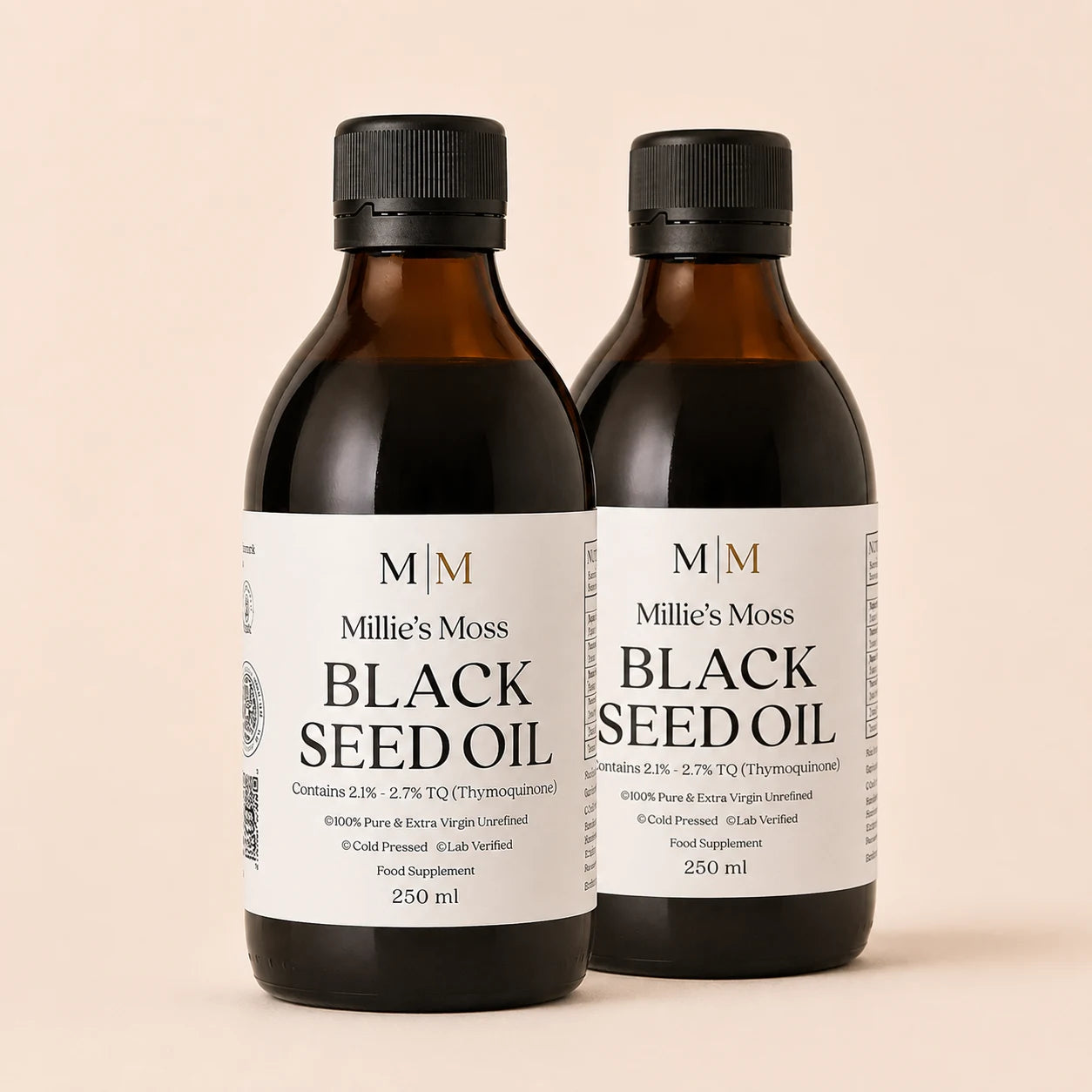 Two-pack of Millie’s Moss High-Strength Black Seed Oil 250ml bottles