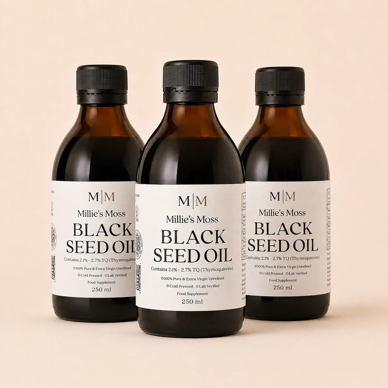 Three-pack of Millie’s Moss High-Strength Black Seed Oil 250ml bottles