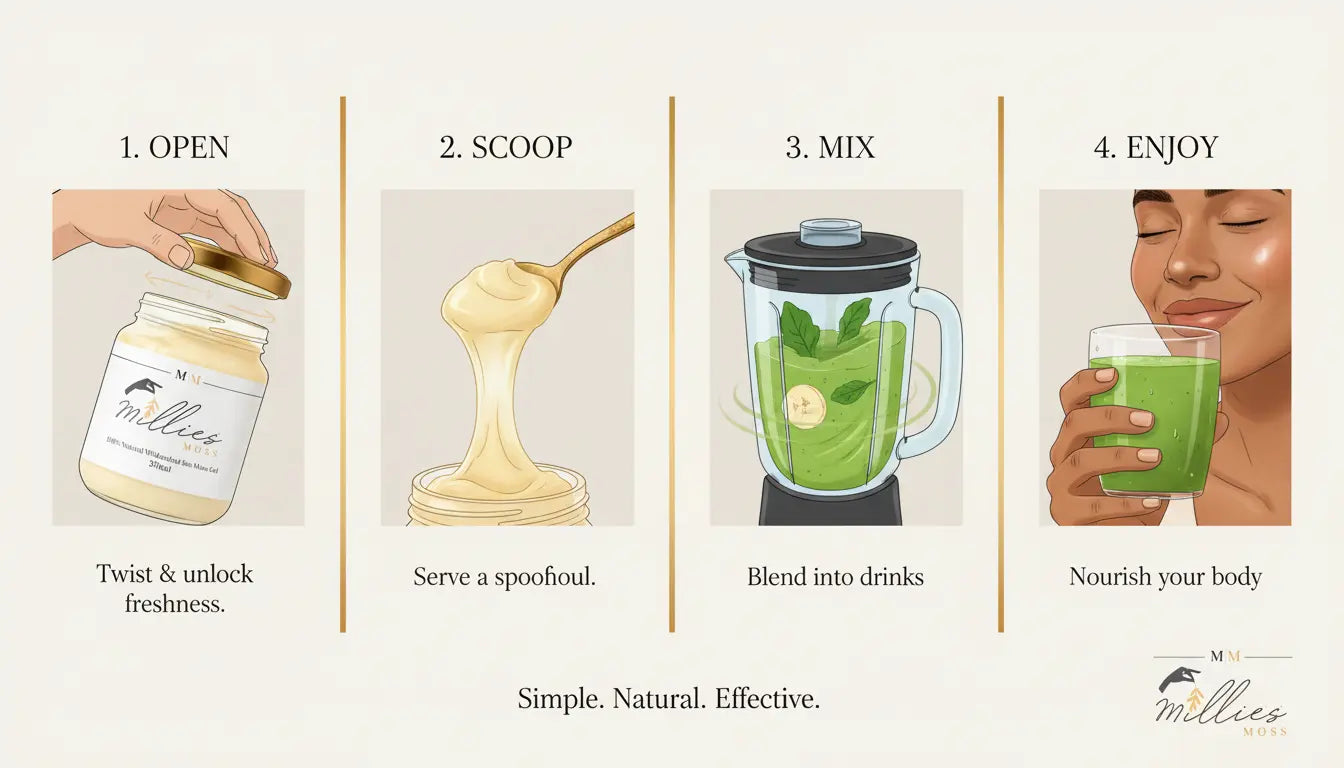Step-by-step infographic showing how to open, scoop and mix sea moss gel into drinks