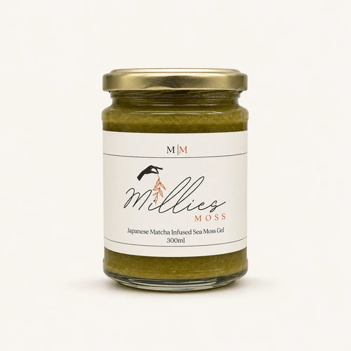 Millie’s Moss Japanese Matcha Infused Sea Moss Gel 300ml jar on a warm off-white background.