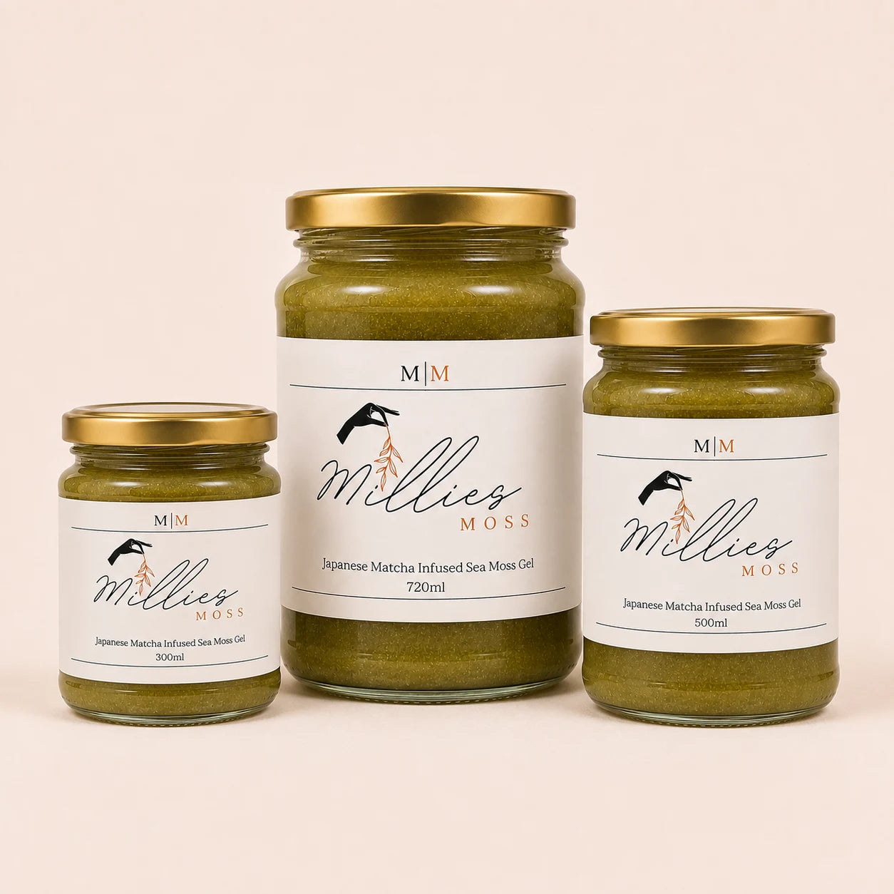 Millie’s Moss Japanese Matcha Infused Sea Moss Gel in 300ml, 500ml and 720ml jar sizes.