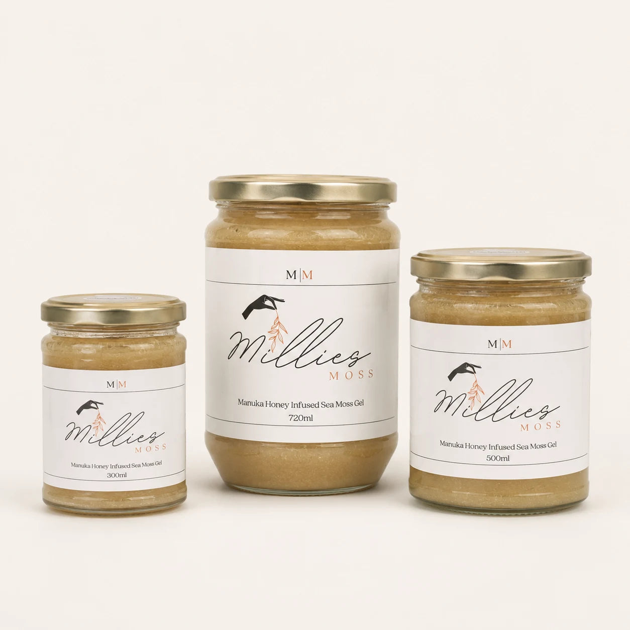 Millie’s Moss Manuka Honey Infused Sea Moss Gel in 300ml, 500ml and 720ml jar sizes.