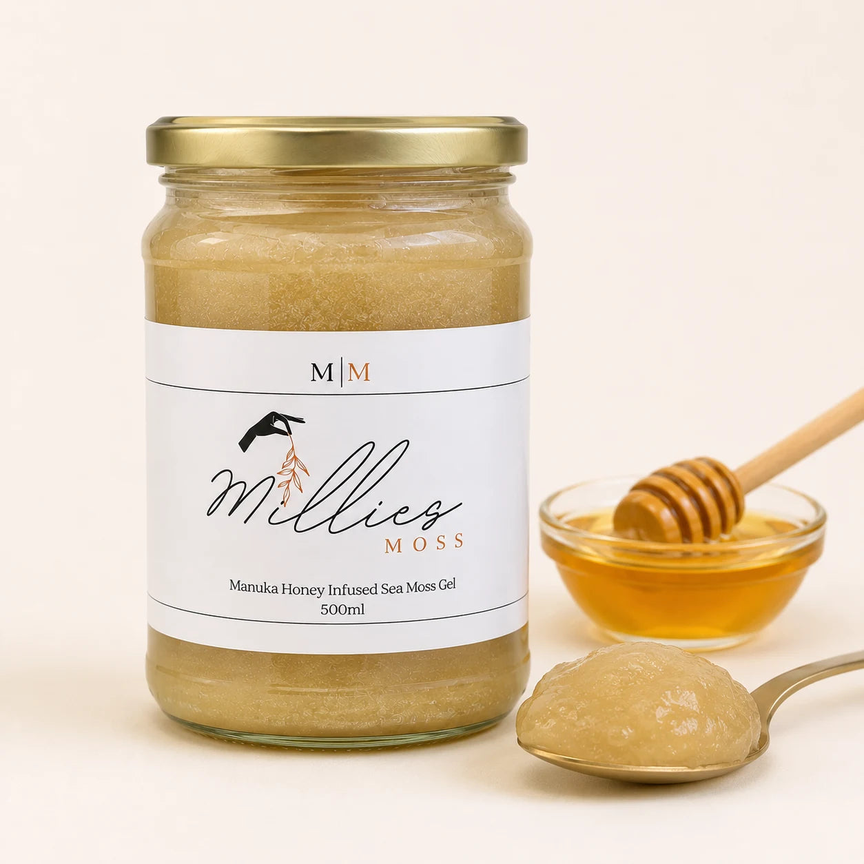 Close-up of Millie’s Moss Manuka Honey Infused Sea Moss Gel showing its smooth golden gel texture with Manuka honey.