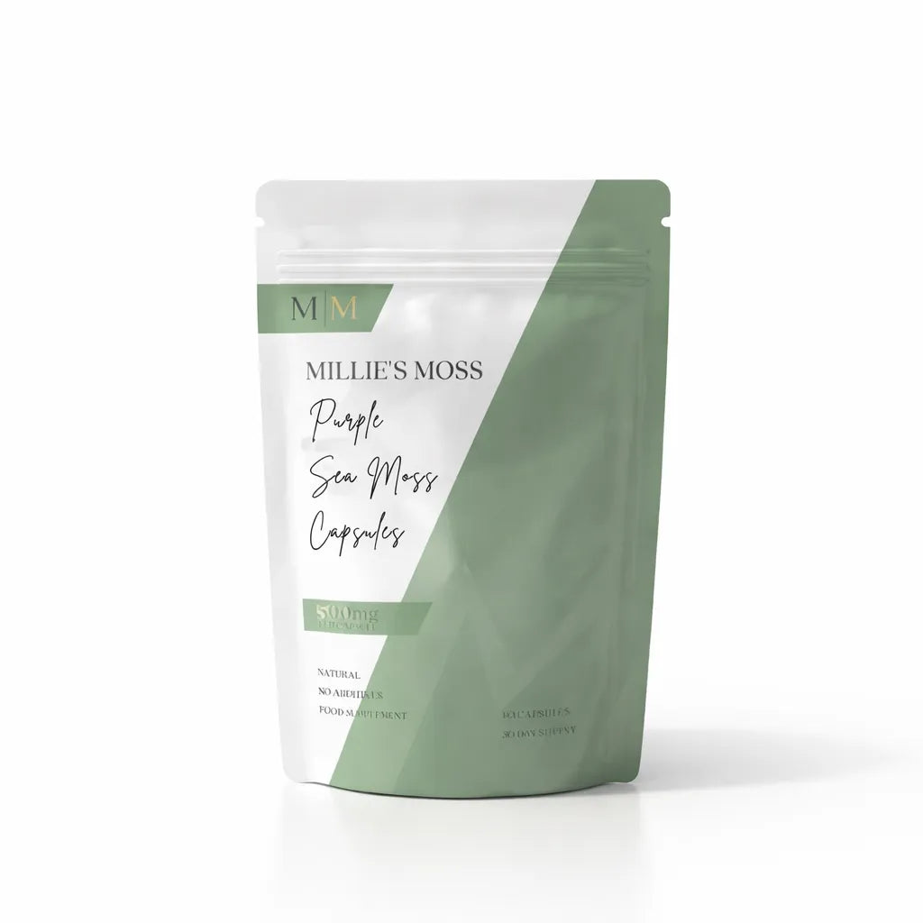 Millies Moss purple sea moss capsules 500mg natural supplement pouch