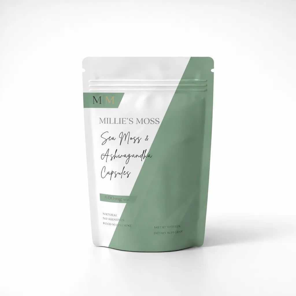 Millies Moss sea moss and ashwagandha capsules 500mg natural supplement pouch