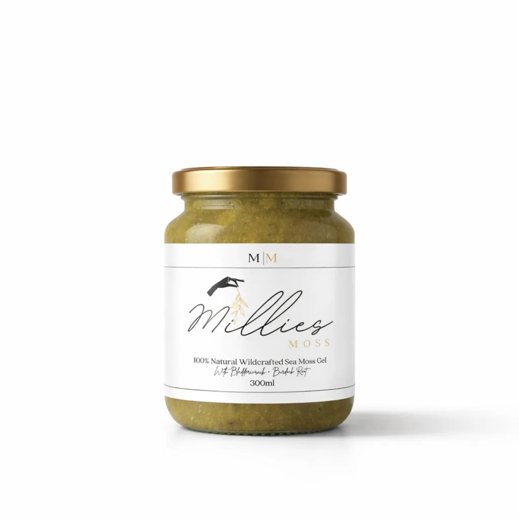 Millie’s Moss 300ml sea moss gel jar with bladderwrack and burdock root on a white background.