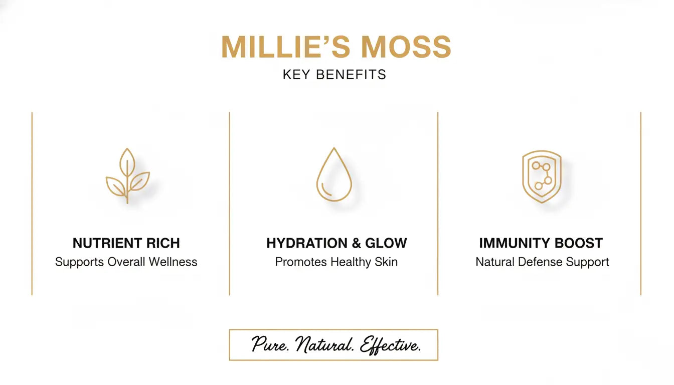Millies Moss sea moss gel key benefits including nutrient rich formula hydration glow and natural immunity support