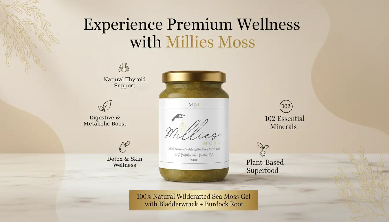 Millies Moss wildcrafted sea moss gel infographic showing thyroid support, digestive health, detox benefits and 102 essential minerals