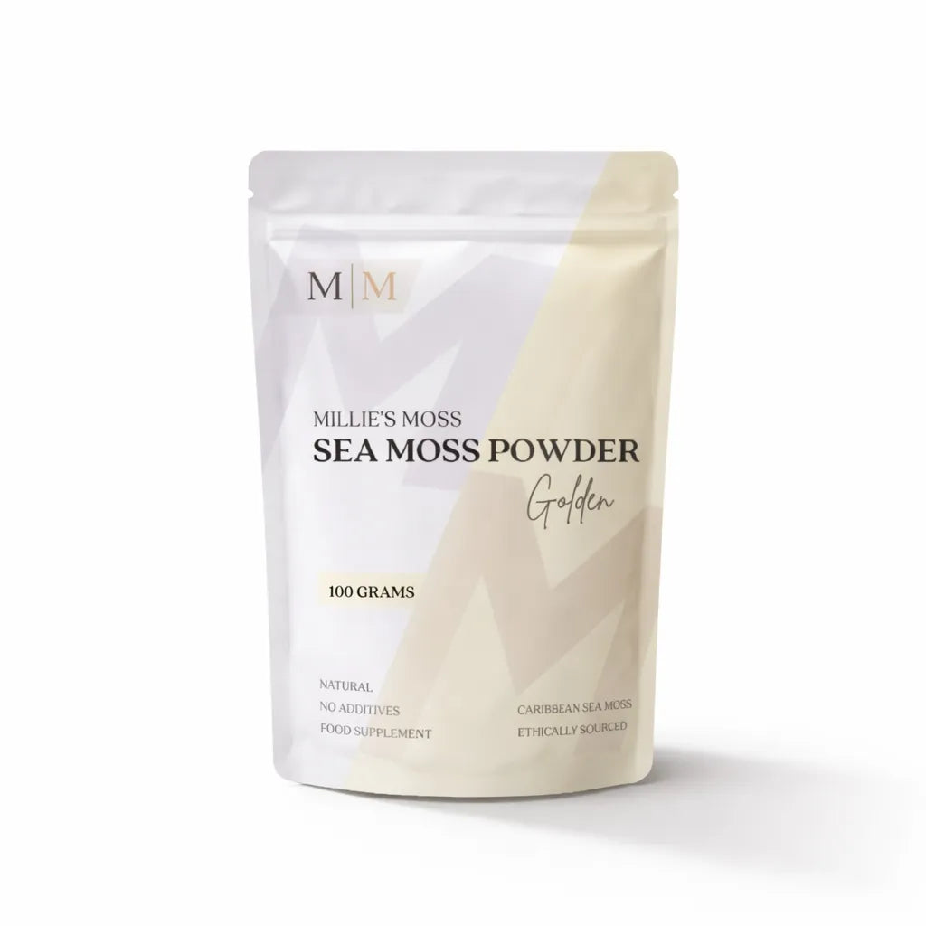 Millies Moss golden sea moss powder 100g pouch Caribbean wildcrafted sea moss supplement with no additives
